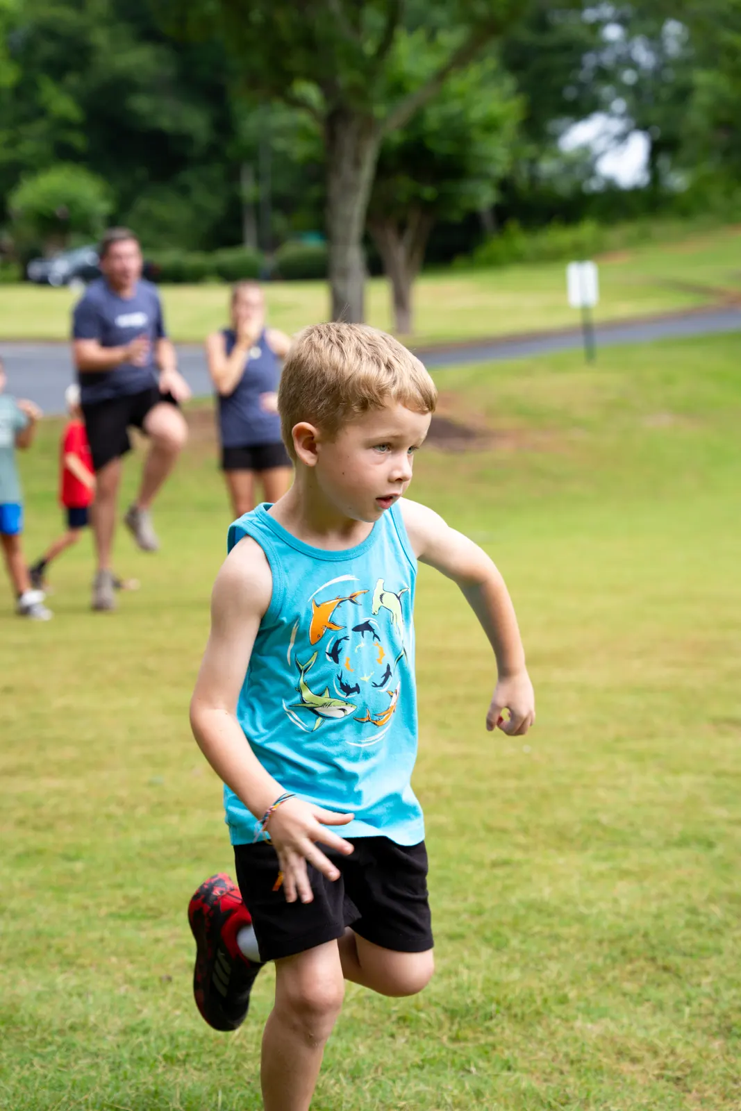 Camper running across the field