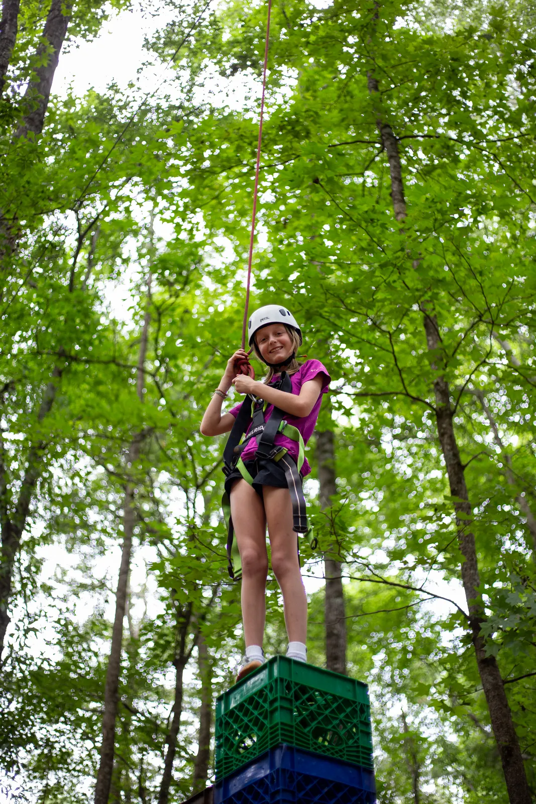 Camper at the top of the crate stack in the woods